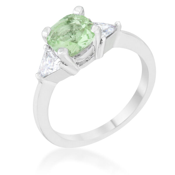 Peridot-colored cubic zirconia ring with cushion and trillion cuts in prong settings, rhodium plated over lead free alloy (brass).