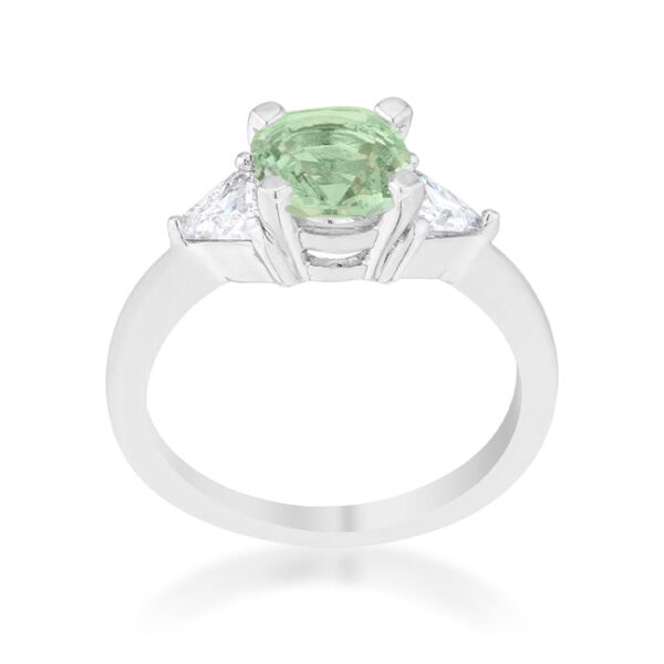 Peridot-colored cubic zirconia ring in prong settings, rhodium plated over lead free alloy (brass).