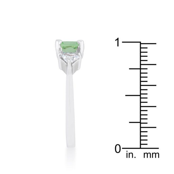 Peridot-colored cubic zirconia in cushion and trillion cuts held in prong settings on a rhodium plated over lead free alloy (brass) ring.