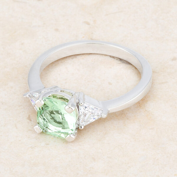 Anniversary, classic, wedding ring with peridot-colored cubic zirconia, rhodium plated over lead free alloy (brass).