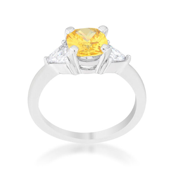 All Clear cubic zirconia ring in cushion and trillion cuts, held in prong settings and rhodium plated over lead free alloy (brass).
