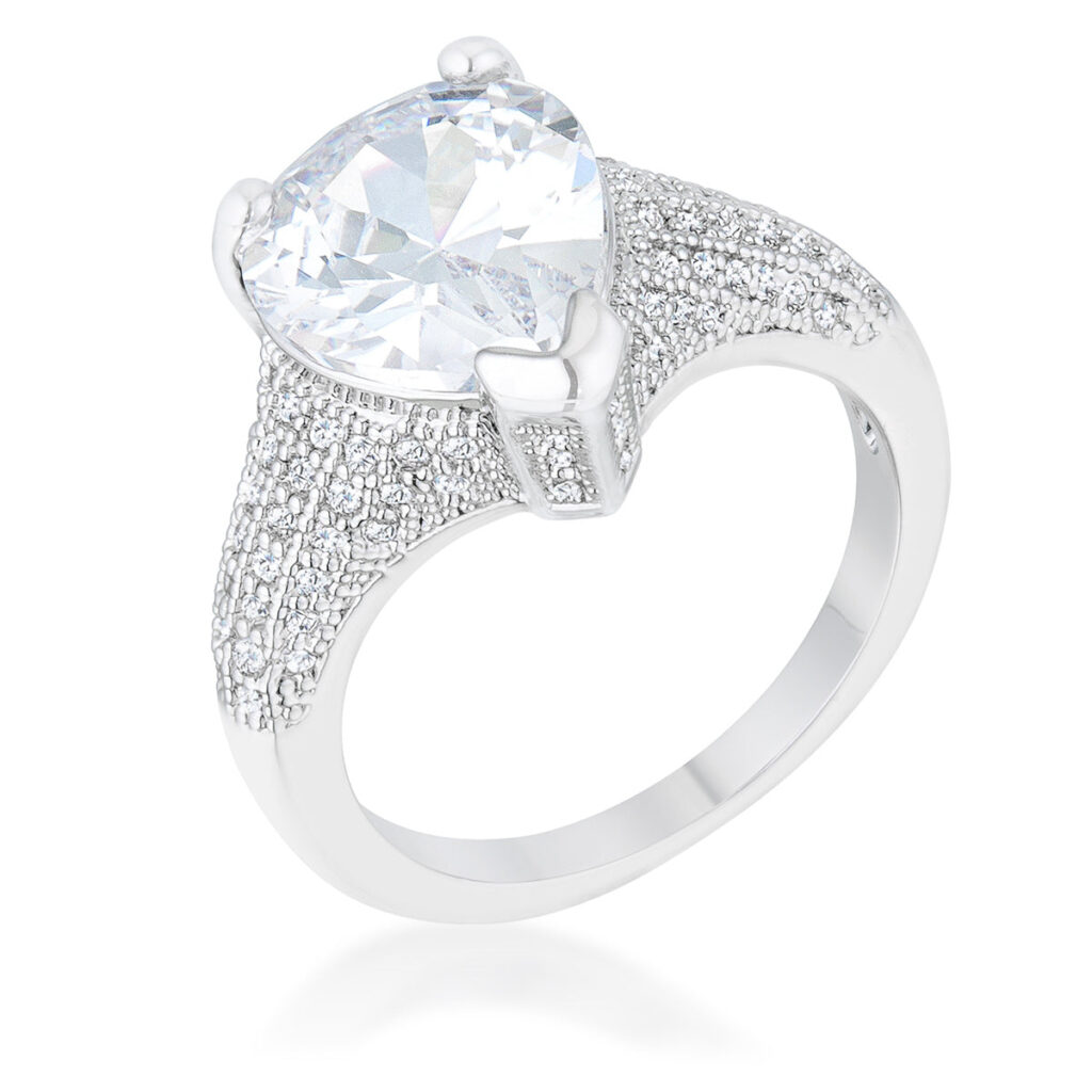 Pear-cut cubic zirconia cocktail ring in a prong setting, rhodium plated over lead free alloy (brass).