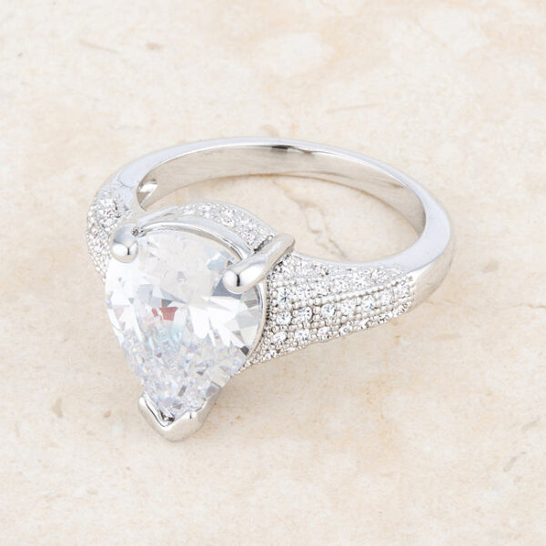 Pear-cut cubic zirconia cocktail ring, rhodium plated over lead free alloy (brass).