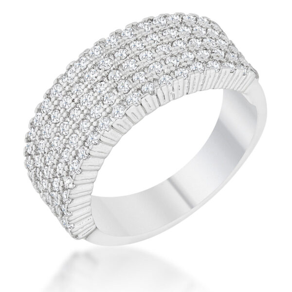 Gwen wide ring with round 1.25 Mm cubic zirconia in a pave setting, rhodium plated over lead free alloy (brass).