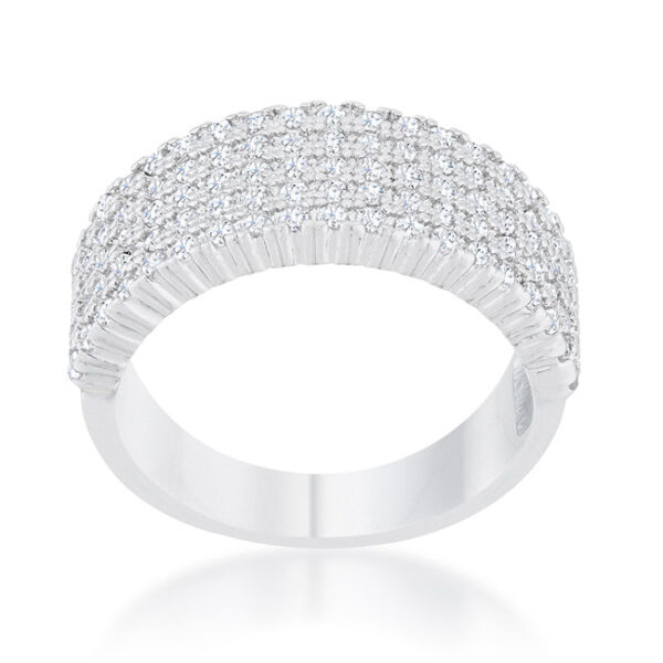 Wide ring rhodium plated over lead free alloy (brass), with round cubic zirconia in a pave setting.