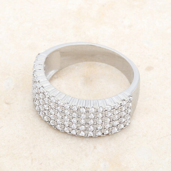 Classic wide ring with round cubic zirconia in a pave setting and 1 ct total carat weight.