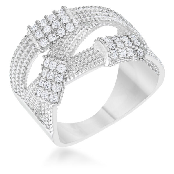 Wide cable statement ring with pink round cubic zirconia in a pave setting and rhodium plated over lead free alloy (brass).