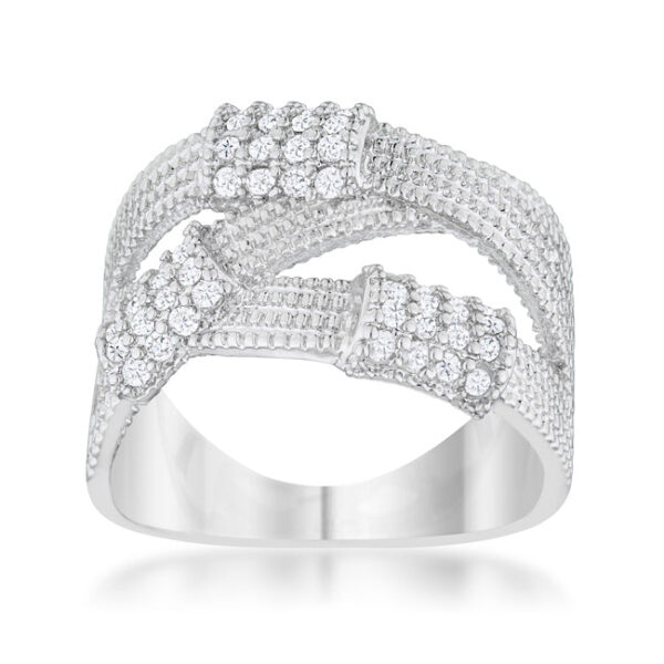 Pink round cubic zirconia pave cable statement ring, rhodium plated over lead free alloy (brass).