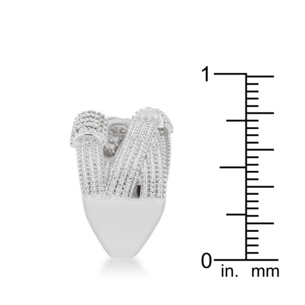 Contemporary cable statement ring rhodium plated over lead free alloy (brass) with pink cubic zirconia.