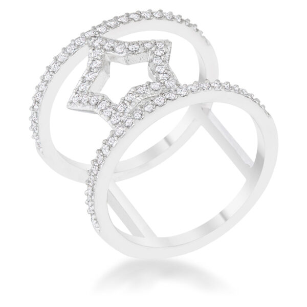 Star ring with round Brown Glitter cubic zirconia in a pave setting and a rhodium plated over lead free alloy (brass) band.