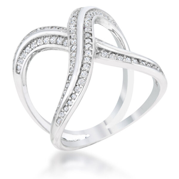 Pave X ring with round 1 Mm cubic zirconia, rhodium plated over lead free alloy (brass).