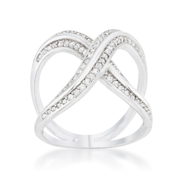X ring with round cubic zirconia in a Pave setting, rhodium plated over lead free alloy (brass).