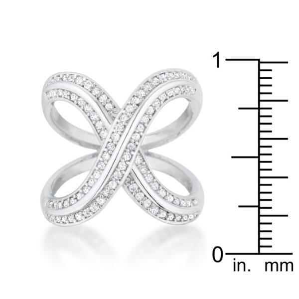 Round 1 Mm cubic zirconia in a Pave setting on an X ring, rhodium plated over lead free alloy (brass).