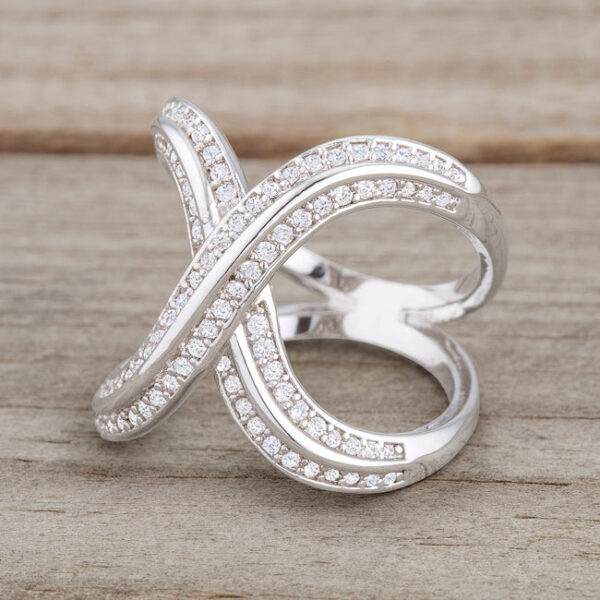 3.8mm Pave X ring with round cubic zirconia, rhodium plated over lead free alloy (brass).