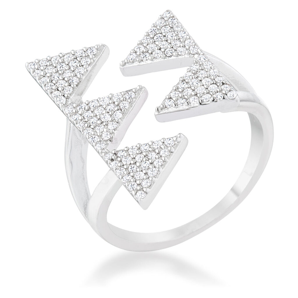 Geometric ring in rhodium plated over lead free alloy (brass) with red round cubic zirconia in a pave setting.