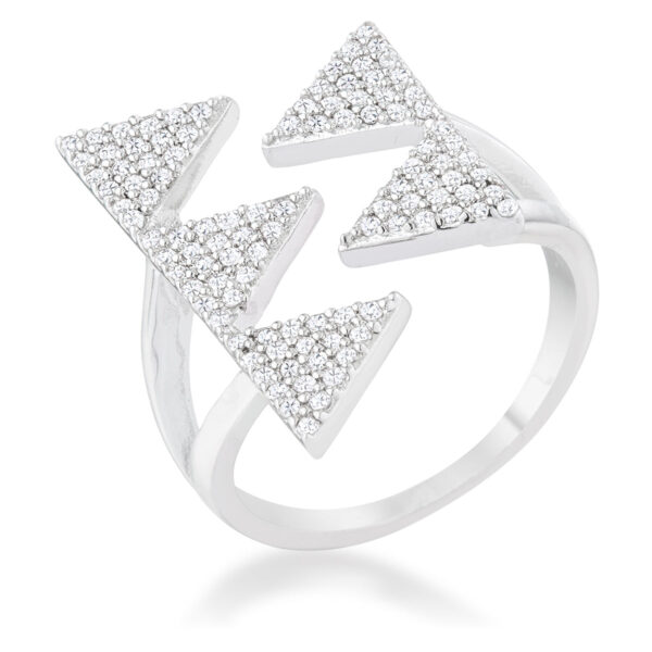 Geometric ring in rhodium plated over lead free alloy (brass) with red round cubic zirconia in a pave setting.