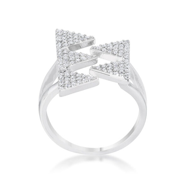 Red round cubic zirconia pave-set geometric ring in rhodium plated over lead free alloy (brass).