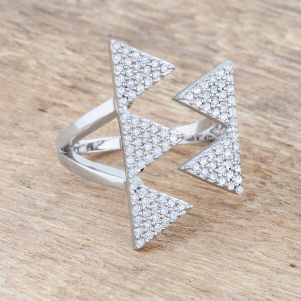 Geometric ring with 0.63 ct total carat weight of red round cubic zirconia, rhodium plated over lead free alloy (brass).