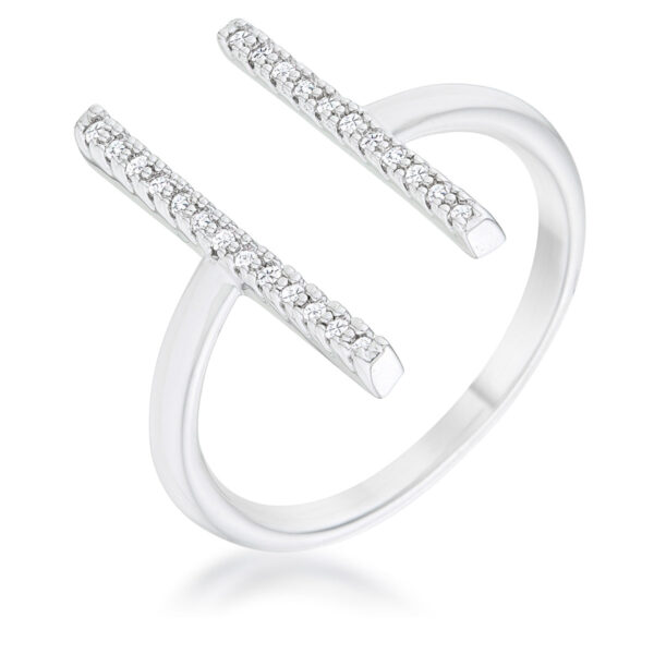 Parallel ring with round All Clear cubic zirconia in a pave setting, rhodium plated over lead free alloy (brass).