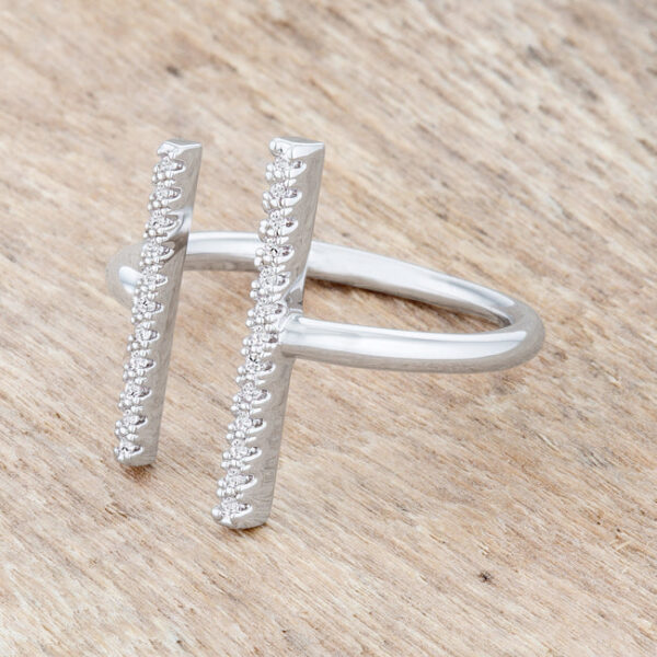 Parallel contemporary ring with round All Clear cubic zirconia in a pave setting.