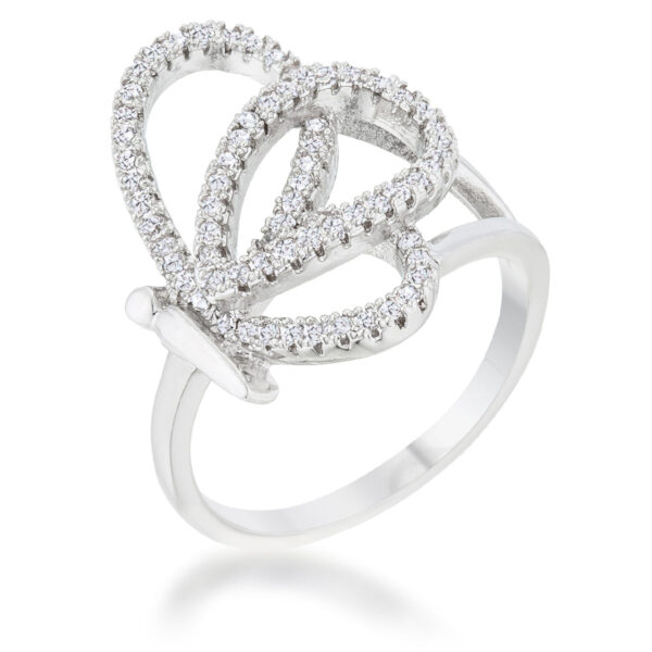 Butterfly ring in rhodium plated over lead free alloy (brass) with round 1 Mm cubic zirconia in a pave setting.