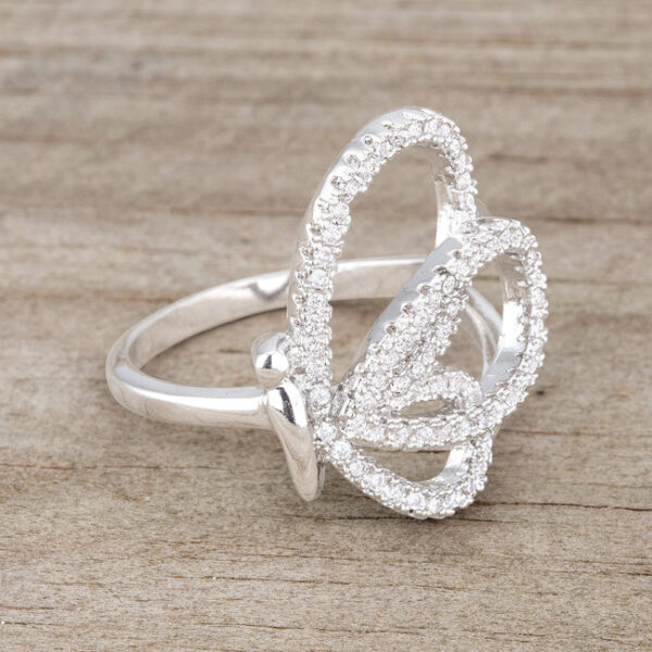 Butterfly motif ring with 0.4 ct total carat weight of round cubic zirconia in a pave setting.
