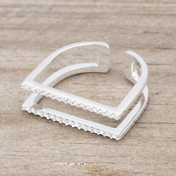 Rhodium plated over lead free alloy (brass) parallel ring with round cubic zirconia in a pave setting.