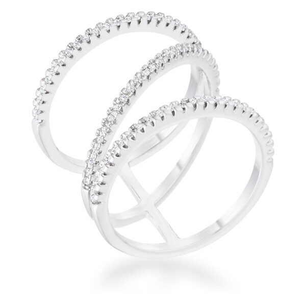 Wide contemporary ring with All Clear round cubic zirconia in a pave setting, rhodium plated over lead free alloy (brass).