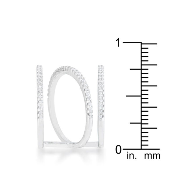 Pave setting with All Clear round cubic zirconia on a wide contemporary ring, rhodium plated over lead free alloy (brass).