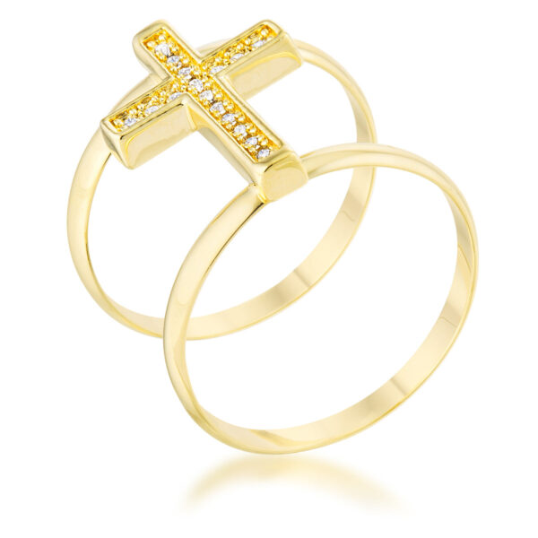 Cross ring in gold tone over lead free alloy (brass) with round cubic zirconia in a pave setting.