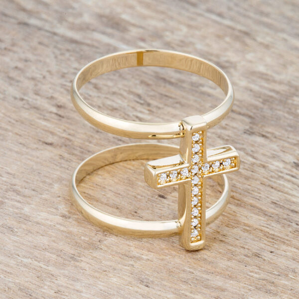Gold Tone cross motif ring with round cubic zirconia in a pave setting.