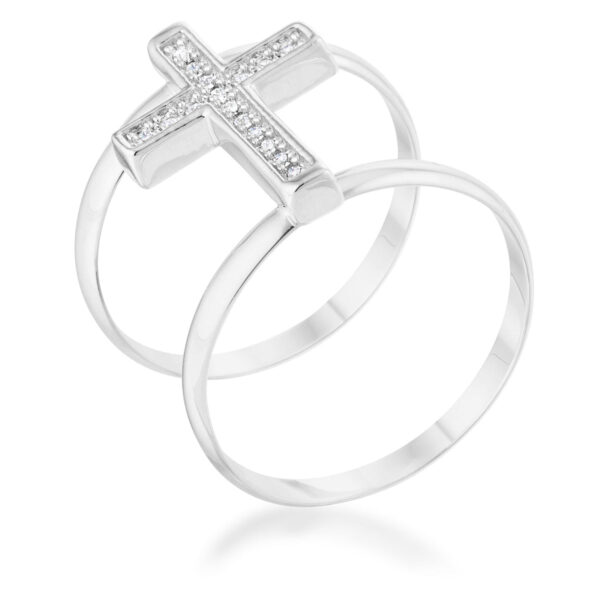 Gold tone over lead free alloy (brass) cross ring with round cubic zirconia in a pave setting.