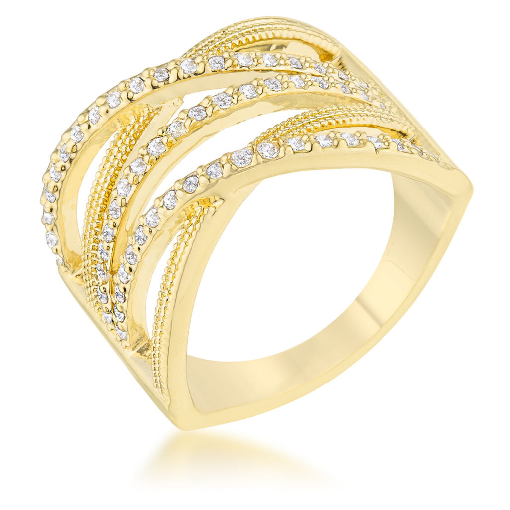 Cable cocktail ring with round cubic zirconia in a pave setting and a gold tone over lead free alloy (brass) finish.