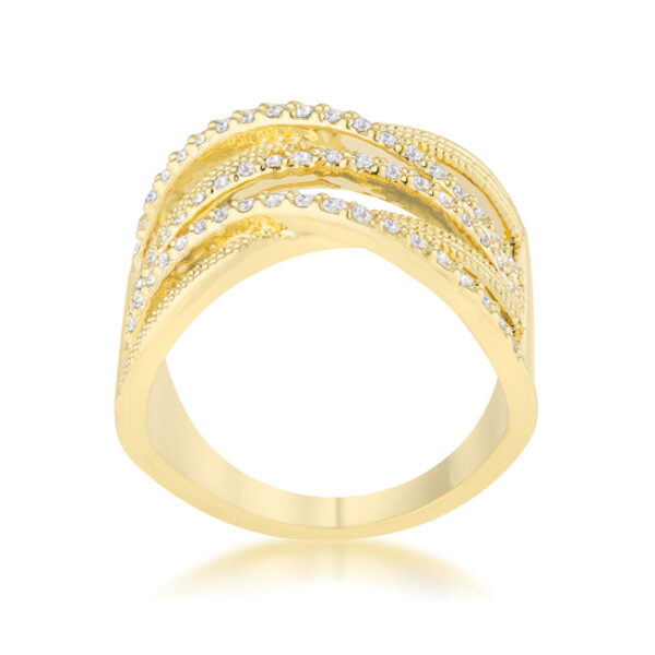 Cable cocktail ring with a gold tone over lead free alloy (brass) finish and round pave-set cubic zirconia.