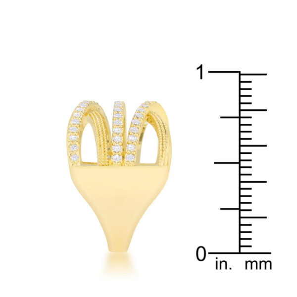 Wide cable cocktail ring measuring 3 (mm), with round cubic zirconia and a gold tone over lead free alloy (brass) finish.