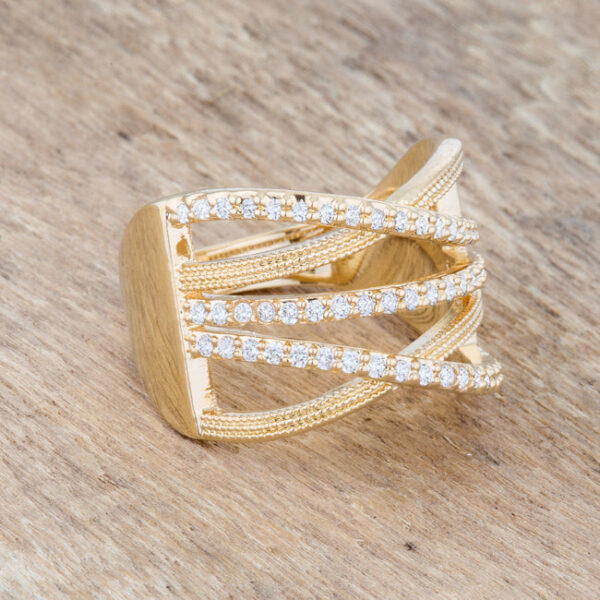 Cable cocktail ring with 0.57 ct total carat weight of cubic zirconia and a gold tone over lead free alloy (brass) finish.