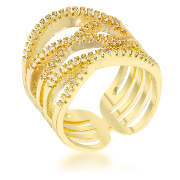Contemporary 12.5mm-wide ring with round 1.15mm cubic zirconia in a pave setting and gold tone over lead free alloy (brass).