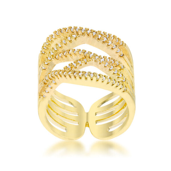 Gold tone over lead free alloy (brass) contemporary wide ring with round cubic zirconia in a pave setting.
