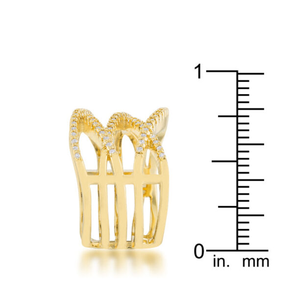 Contemporary wide ring in gold tone over lead free alloy (brass) with 0.6 ct total carat weight of cubic zirconia.