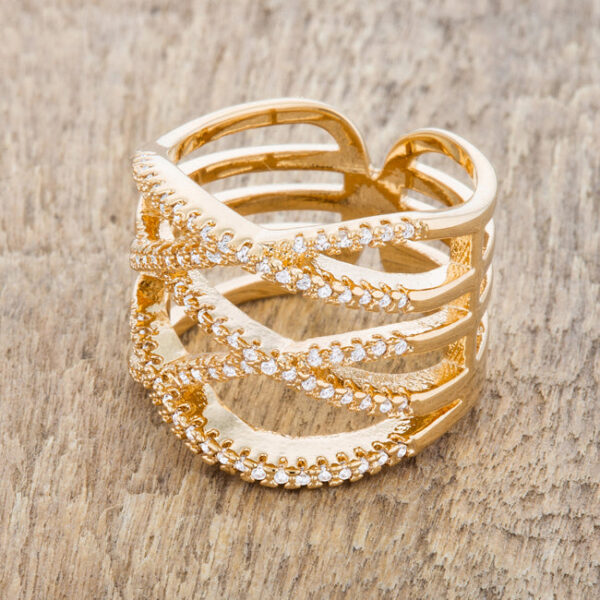 12.5mm-wide contemporary ring with pave-set round cubic zirconia and gold tone over lead free alloy (brass).