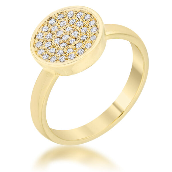 Circle ring in gold tone over lead free alloy (brass) with round cubic zirconia in a pave setting.