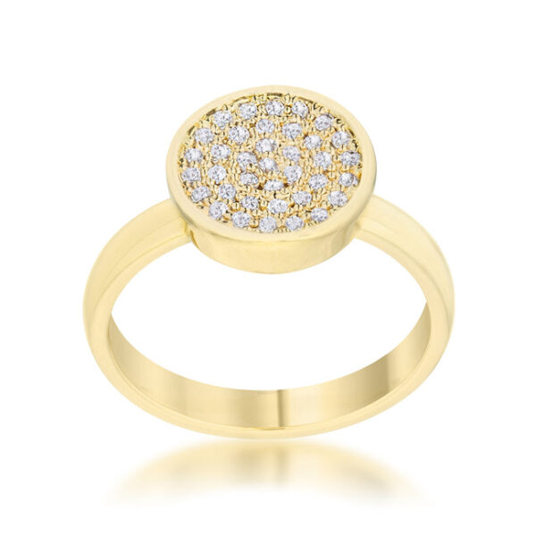 Gold tone over lead free alloy (brass) circle ring with round cubic zirconia and a 3mm width.