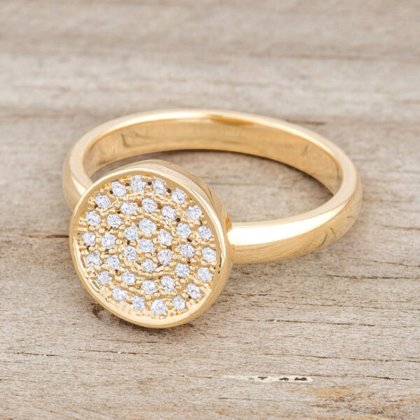 Pave circle ring in gold tone over lead free alloy (brass) with round cubic zirconia accent stones.