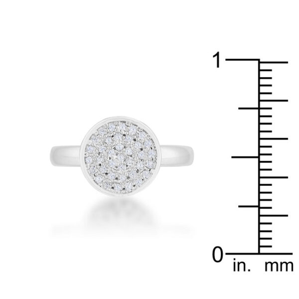 Rhodium plated over lead free alloy (brass) circle ring with cubic zirconia.
