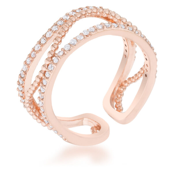 Abstract cuff ring in rosegold plated over lead free alloy (brass) with round pave cubic zirconia.