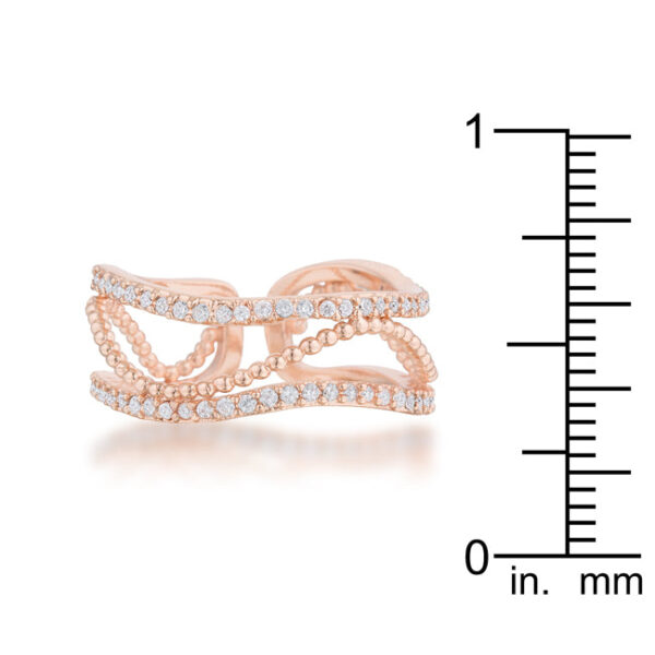 Round 1.15mm cubic zirconia in pave on a rosegold plated over lead free alloy (brass) cuff ring.