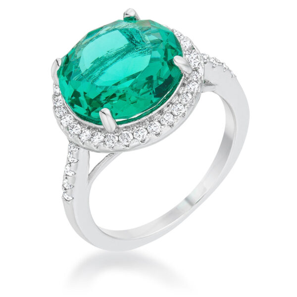 Blue and green round cubic zirconia ring in a pave setting with rhodium plated over lead free alloy (brass).