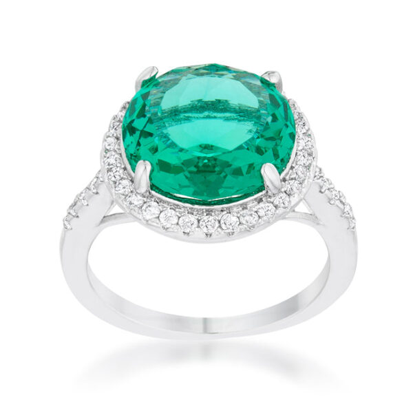 Classic ring with blue and green round cubic zirconia in a pave setting, rhodium plated over lead free alloy (brass).
