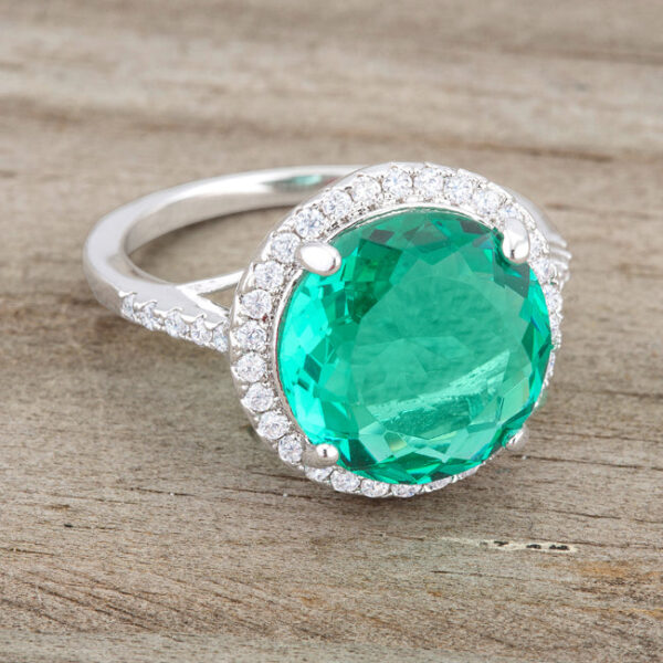 Classic cocktail ring, rhodium plated over lead free alloy (brass), with blue and green pave-set cubic zirconia.