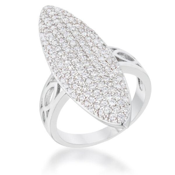 Rhodium plated over lead free alloy (brass) contemporary cocktail ring with round 1.5 (mm) cubic zirconia in a pave setting.